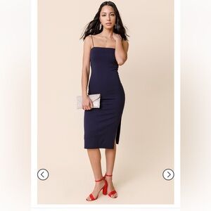 NWT Francesca’s Ezra Square Neck Slit Midi Dress Navy Medium